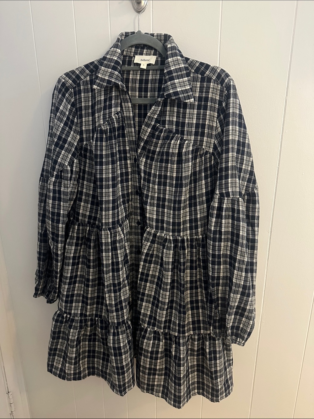 bohme Navy Plaid Long-Sleeve Midi Dress